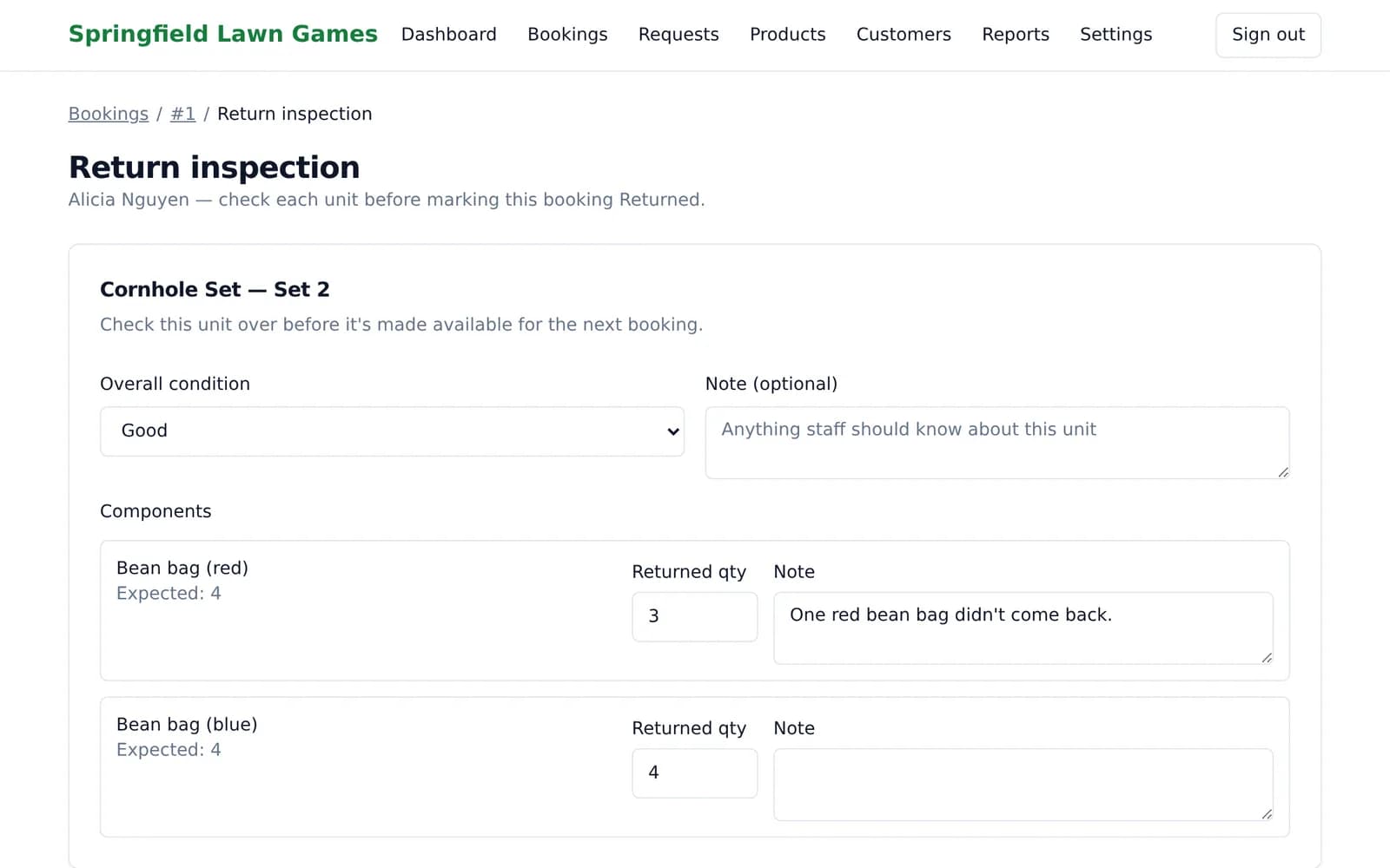 The return inspection form for a Cornhole Set. Four red bean bags are expected, three were returned, and a note says one did not come back.
